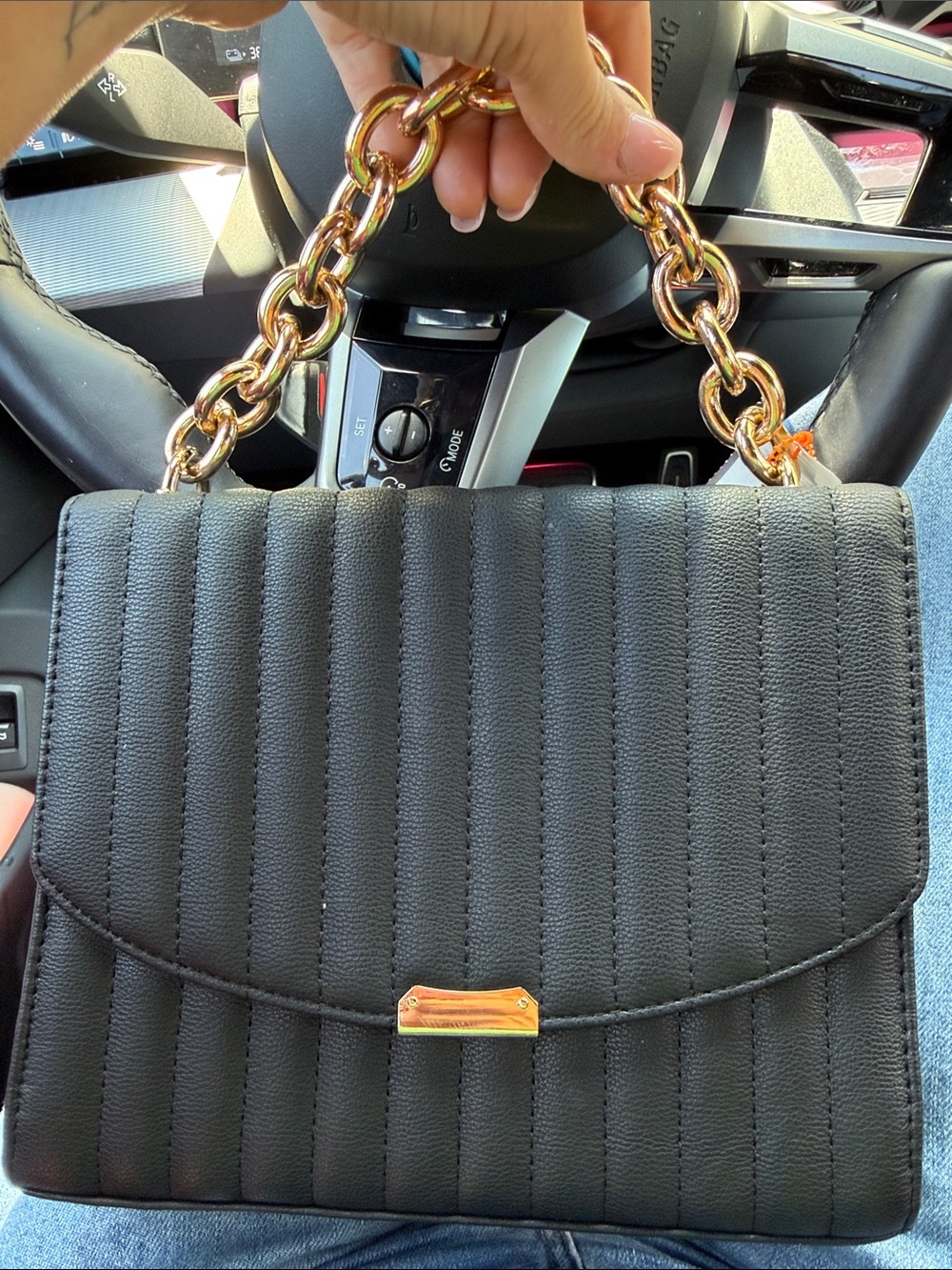 Black Quilted Chain Shoulder Bag with Gold-Tone Chain